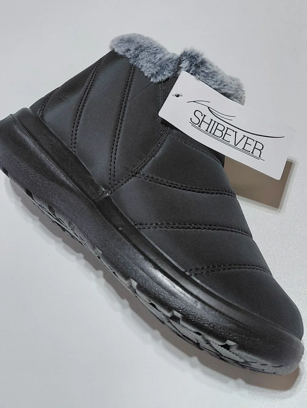 SHIBEVER Women's Black  Slip On  Fur Lined Warm Ankle Boot Size 42